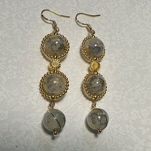 Black, Gray and Gold Crackle Wire Wrapped Dangle Earrings with 925 Hooks